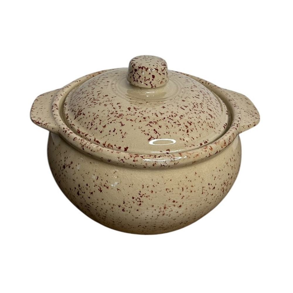 Monmouth Pottery Bean Pot Casserole Brown Speckled Stoneware Maple Leaf Vtg